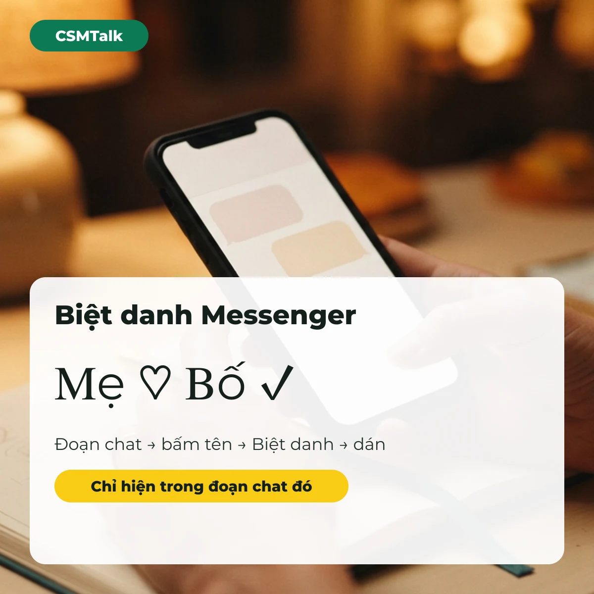 Biệt danh Messenger có kí tự đặc biệt Mẹ ♡ và Bố ✓, đặt trong đoạn chat